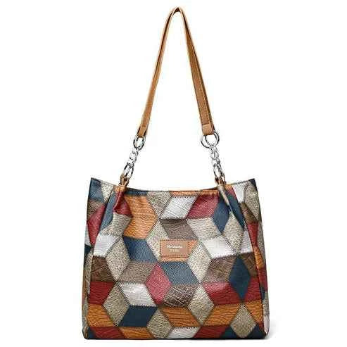 Retro Geometric Pattern Color-matching Shoulder Bag Fashion Large Capacity Stitching Handbag For Women Totes